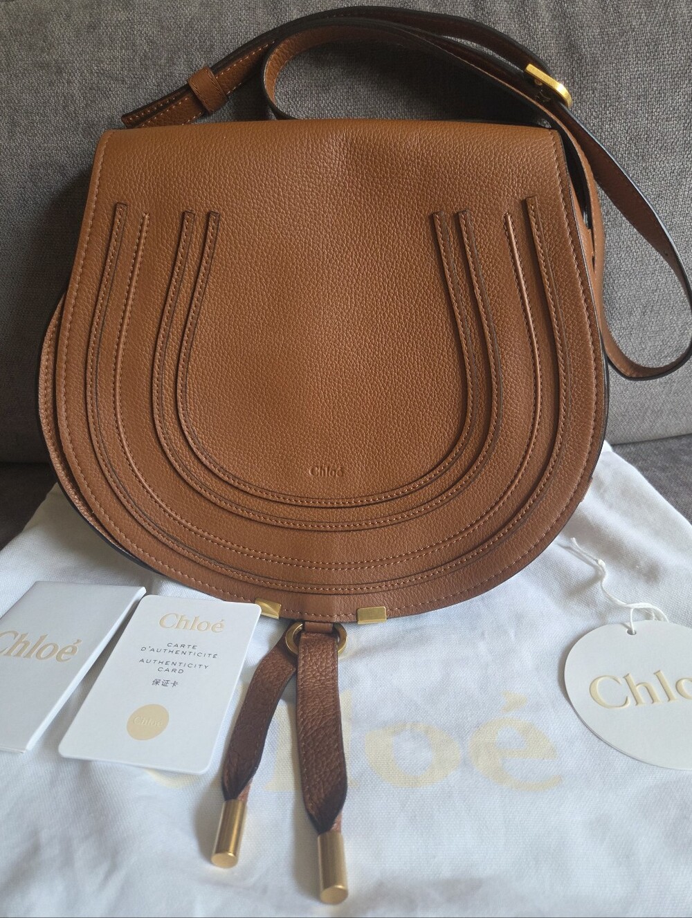 Chloe Marcie Medium Crossbody Saddle Bag in Grained Tan Leather